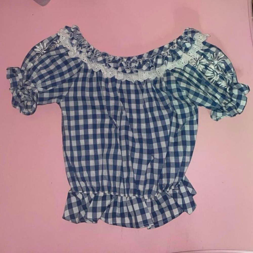 Liz Lisa Blue Gingham Off Shoulder Top